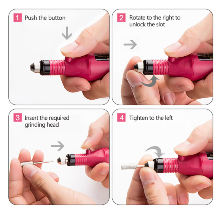 Step-by-step instructions on how to use a pink tool with a grinding head.