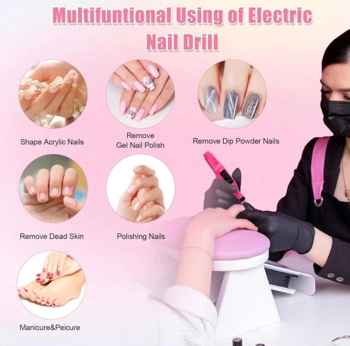 Multifunctional use of an electric nail drill with various nail care tasks on a pink background.