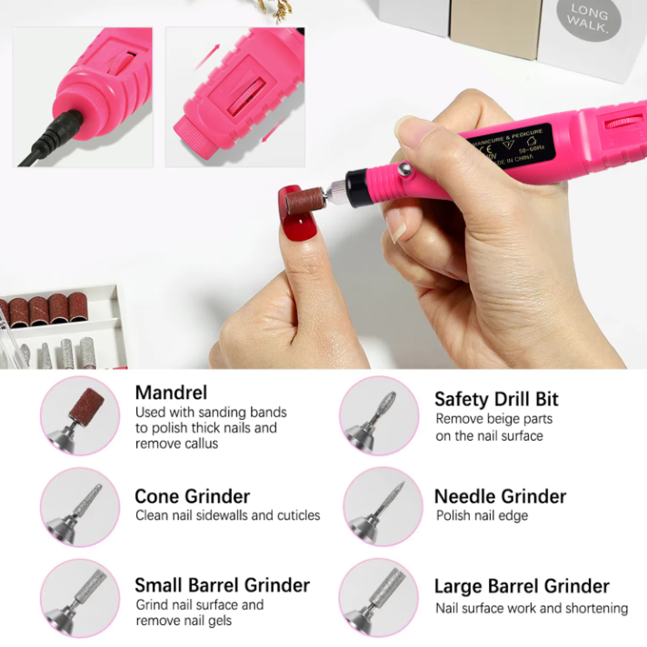 Pink nail drill with various attachments and usage on a white background
