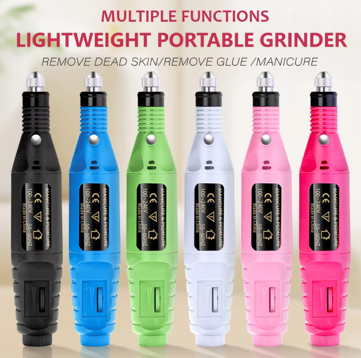 Lightweight Portable Electric Nail Drill in various colors with text on multiple functions.