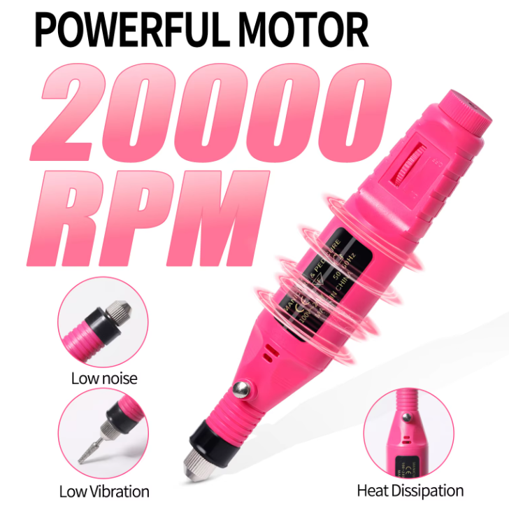 Pink rotary tool with text highlighting its features on a white background
